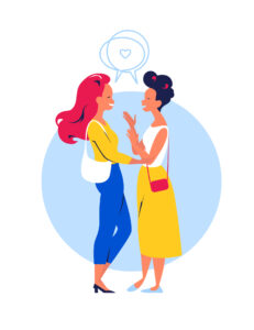 Two happy young modern dressed women talking to each other, friendly conversation healing communication, being with friends together concept. Flat cartoon style. vector illustration.