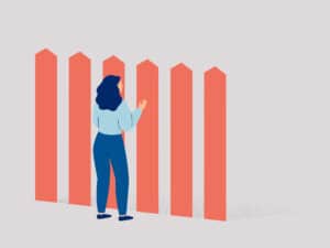 Woman stands in front of the high fence and looks at the other side through the gap. Girl faces an insurmountable obstacles on her life way.